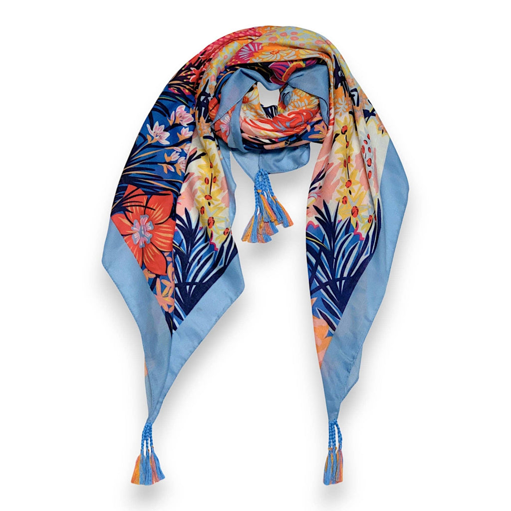 Baby Blue Floral Garden Print Tassel Square Scarf - SKRF