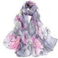 Bird & Peony Print Chiffon Scarf Grey Pink - SKRF