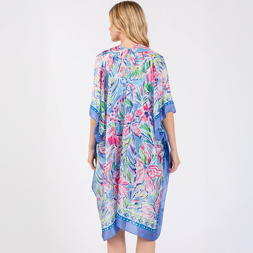 Blue Floral Flower Pattern Silky Feel Summer Kimono Coverup - SKRF