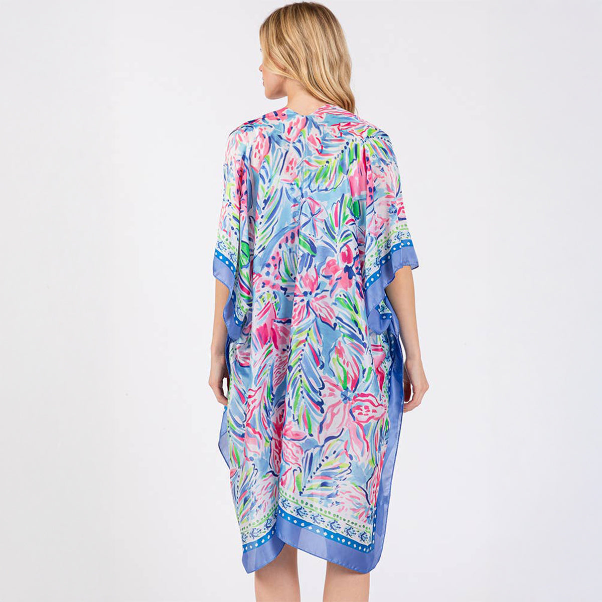 Blue Floral Flower Pattern Silky Feel Summer Kimono Coverup - SKRF