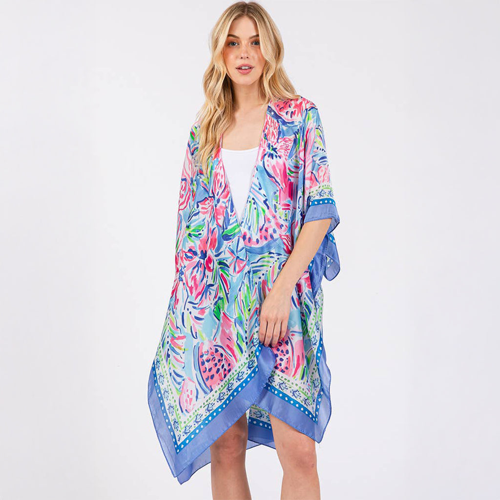 Blue Floral Flower Pattern Silky Feel Summer Kimono Coverup - SKRF