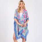 Blue Floral Flower Pattern Silky Feel Summer Kimono Coverup - SKRF