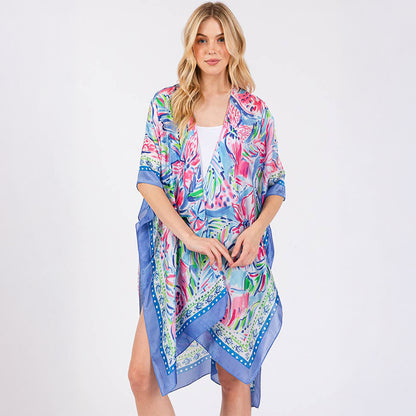 Blue Floral Flower Pattern Silky Feel Summer Kimono Coverup - SKRF