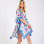 Blue Floral Flower Pattern Silky Feel Summer Kimono Coverup - SKRF