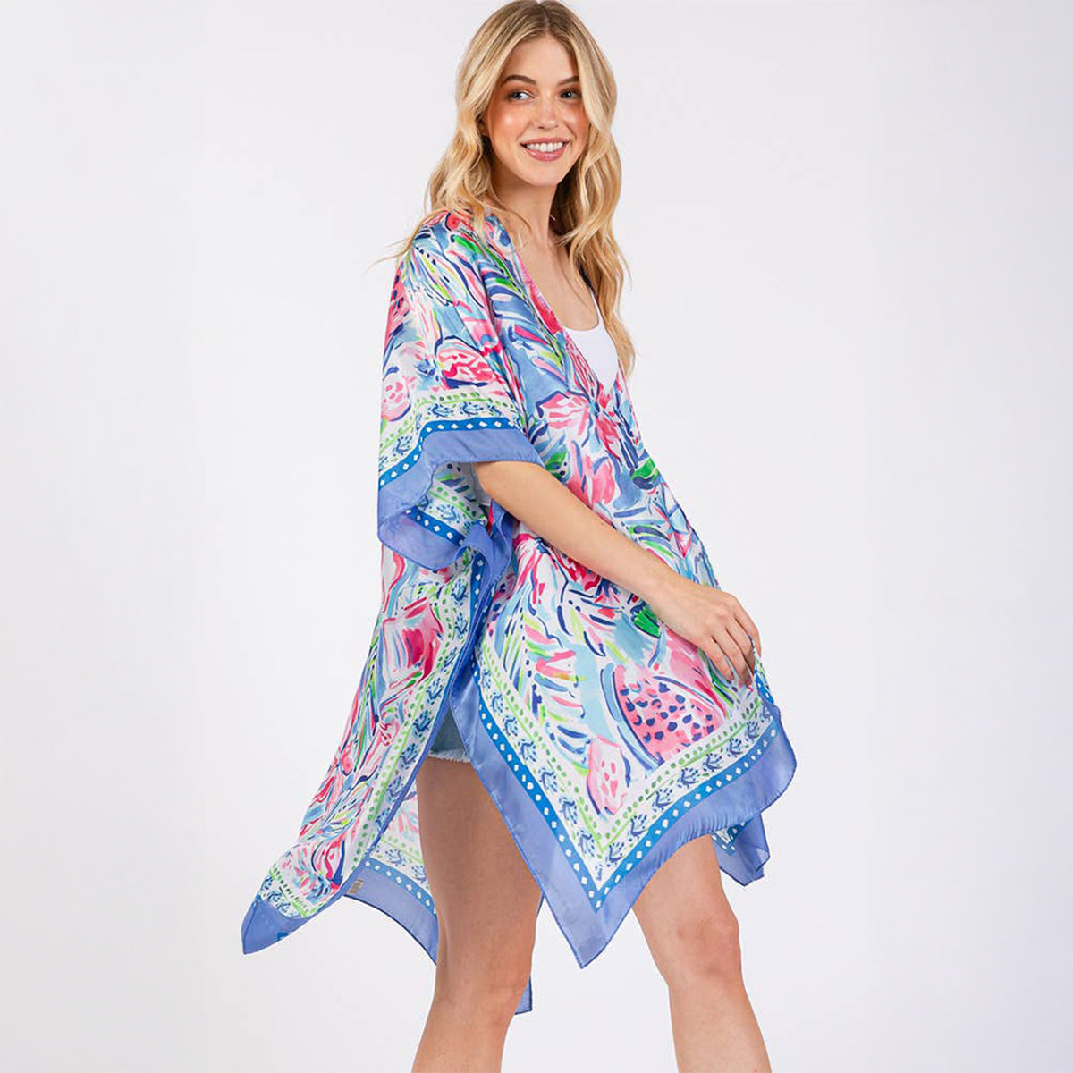 Blue Floral Flower Pattern Silky Feel Summer Kimono Coverup - SKRF