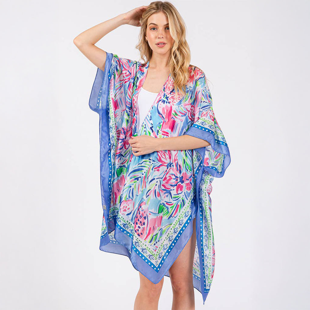 Blue Floral Flower Pattern Silky Feel Summer Kimono Coverup - SKRF