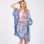 Blue Floral Flower Pattern Silky Feel Summer Kimono Coverup - SKRF