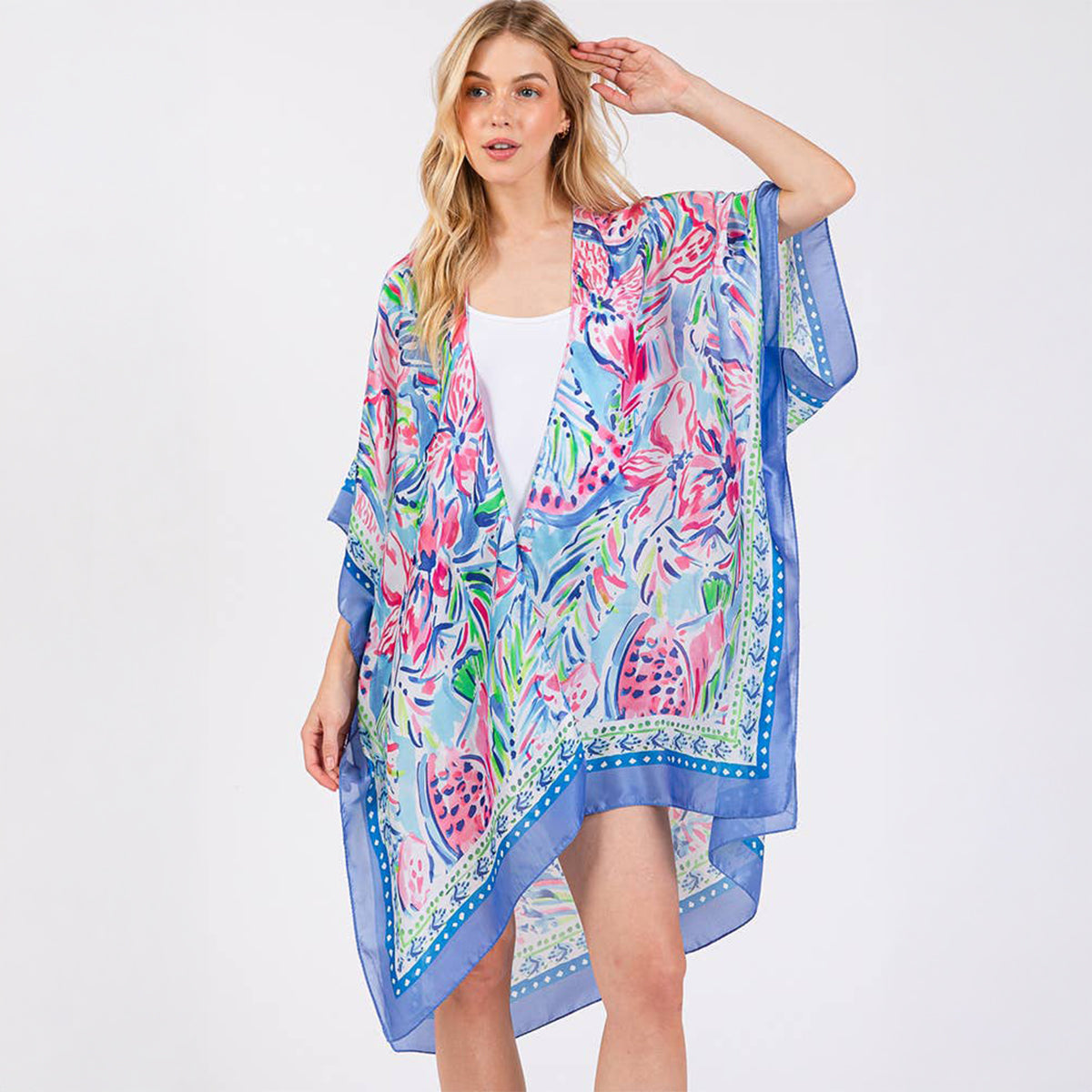 Blue Floral Flower Pattern Silky Feel Summer Kimono Coverup - SKRF
