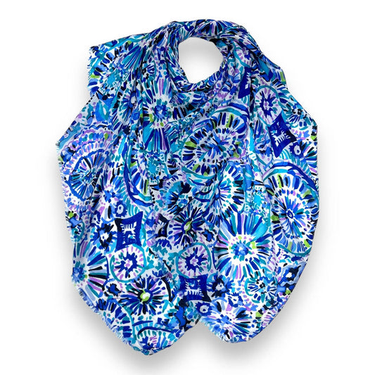 Blue Sunshine Print Scarf Fringe Finish - SKRF