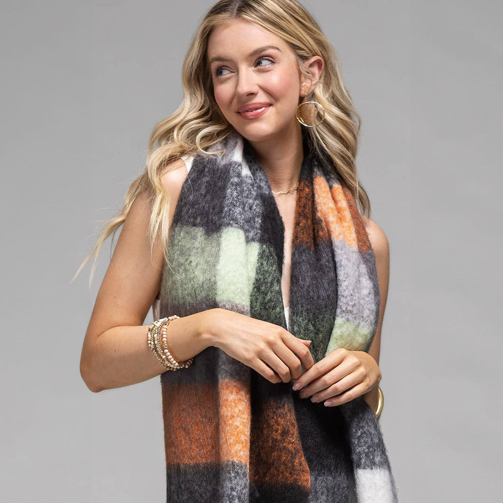 Brushed Plaid Check Oblong Fringe Scarf Black Taupe - SKRF