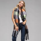Brushed Plaid Check Oblong Fringe Scarf Black Taupe - SKRF