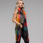 Brushed Plaid Check Oblong Fringe Scarf Orange Teal - SKRF