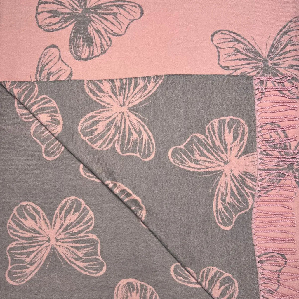 Butterfly Print Cashmere Blend Reversible Winter Scarf Pink - SKRF