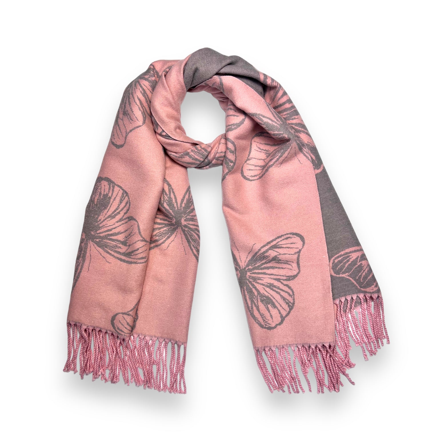 Butterfly Print Cashmere Blend Reversible Winter Scarf Pink - SKRF