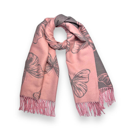 Butterfly Print Cashmere Blend Reversible Winter Scarf Pink - SKRF