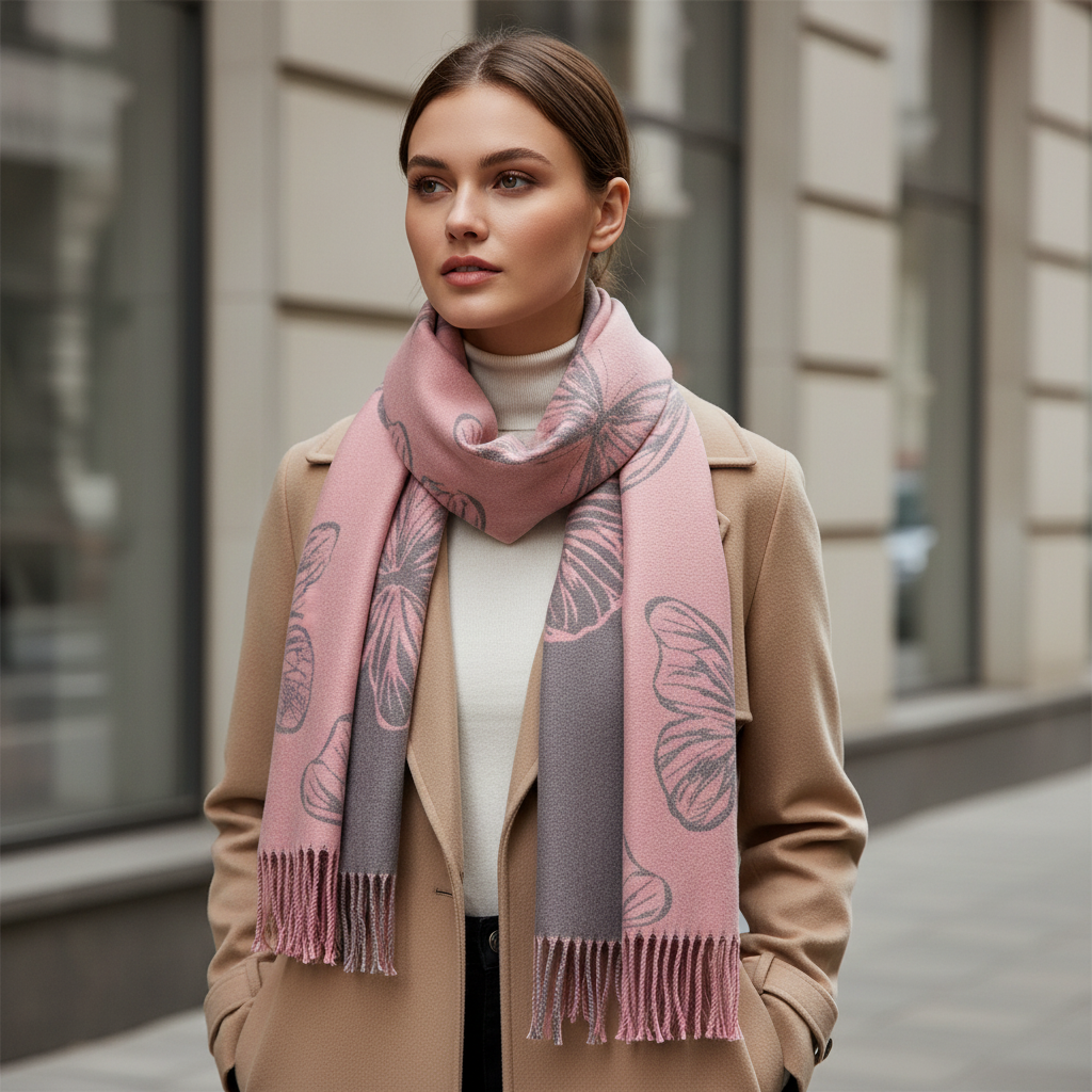 Butterfly Print Cashmere Blend Reversible Winter Scarf Pink