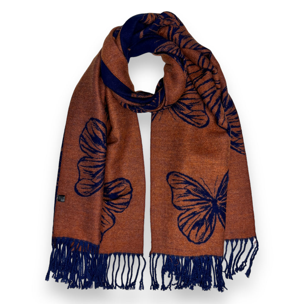Butterfly Print Cashmere Blend Reversible Winter Scarf Rust Brown - SKRF