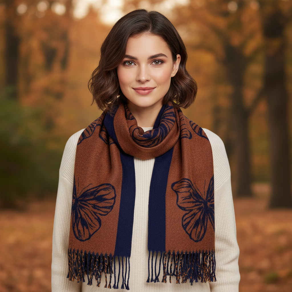 Butterfly Print Cashmere Blend Reversible Winter Scarf Rust Brown
