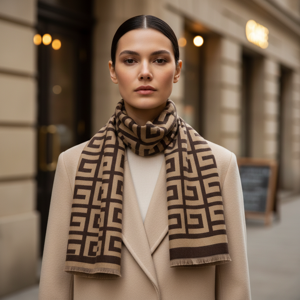 Cashmere Mix Maze Print Winter Scarf Coffee Brown