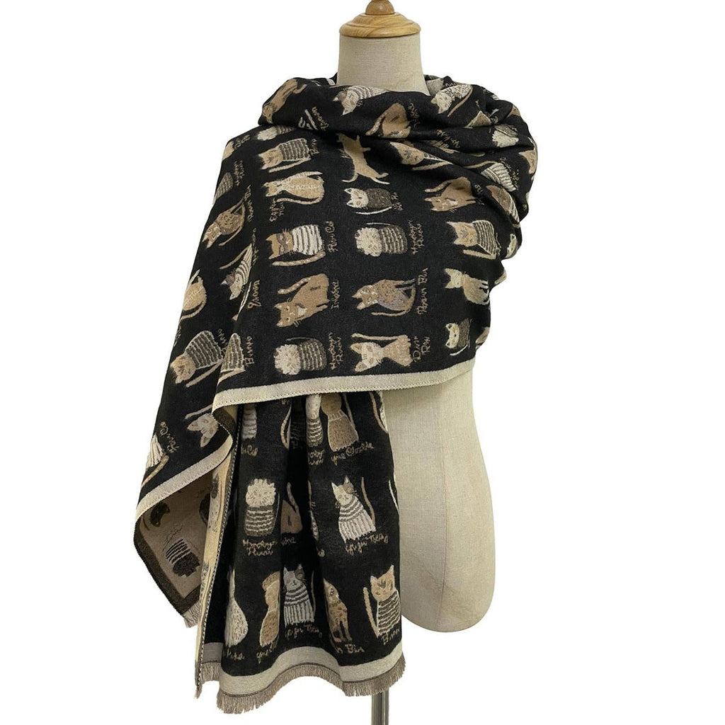 Cat Print Reversible Frayed Black & Taupe Scarf - SKRF