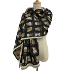 Cat Print Reversible Frayed Black & Taupe Scarf - SKRF