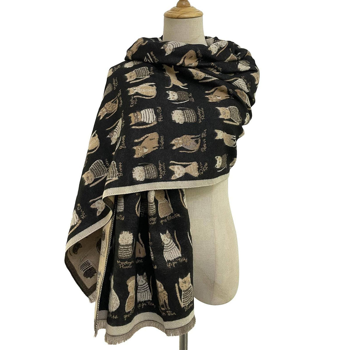 Cat Print Reversible Frayed Black & Taupe Scarf - SKRF