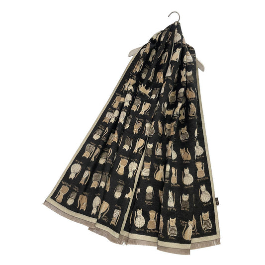 Cat Print Reversible Frayed Black & Taupe Scarf - SKRF