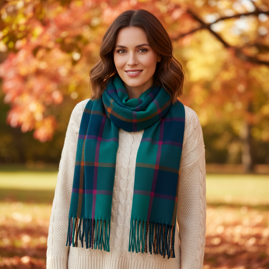 Check Winter Scarf With Tassles Teal Green