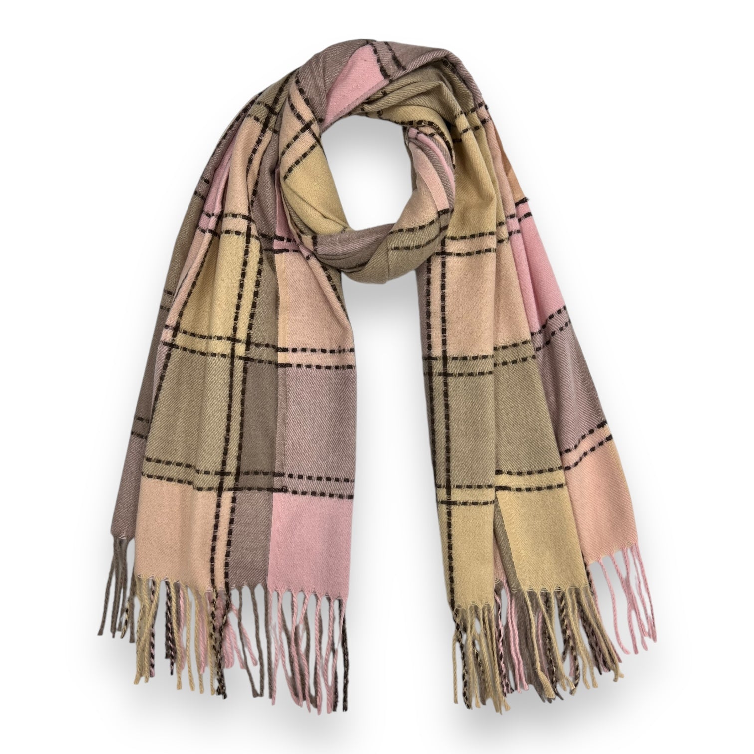 Plaid scarf with fringes on a white background