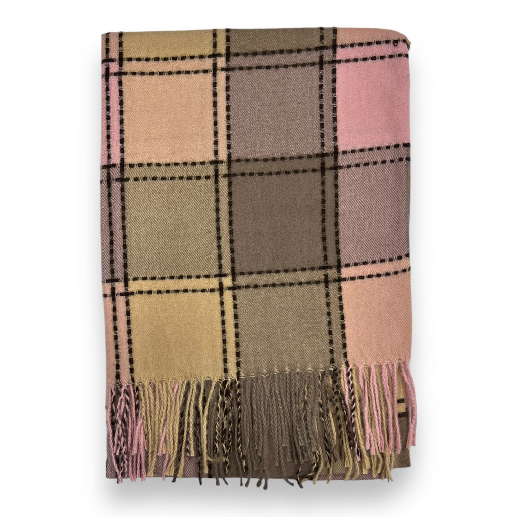 Plaid blanket with fringes in beige, brown, and pink on a white background