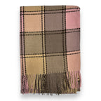 Plaid blanket with fringes in beige, brown, and pink on a white background