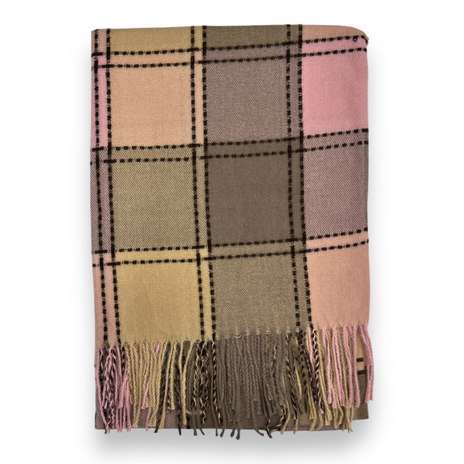 Plaid blanket with fringes in beige, brown, and pink on a white background