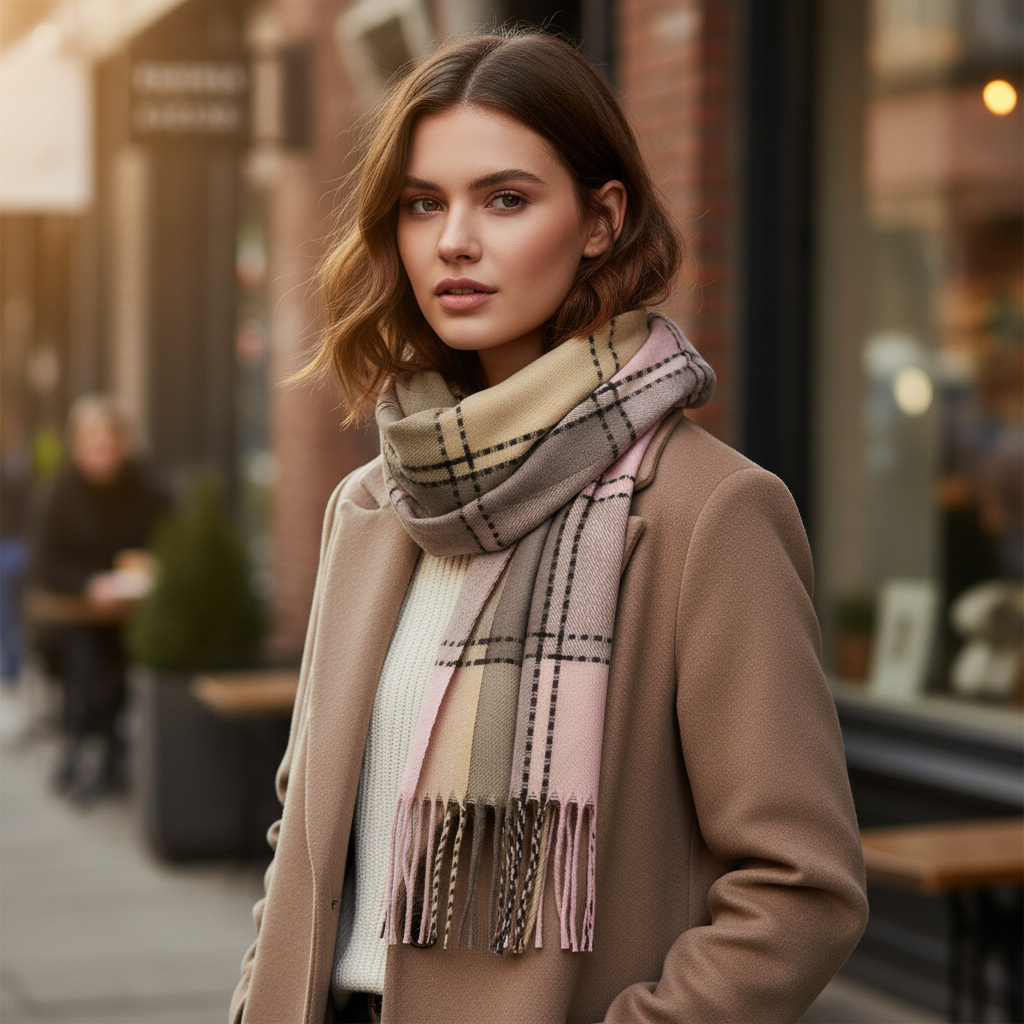 Woman wearing a plaid scarf and beige coat on a city street