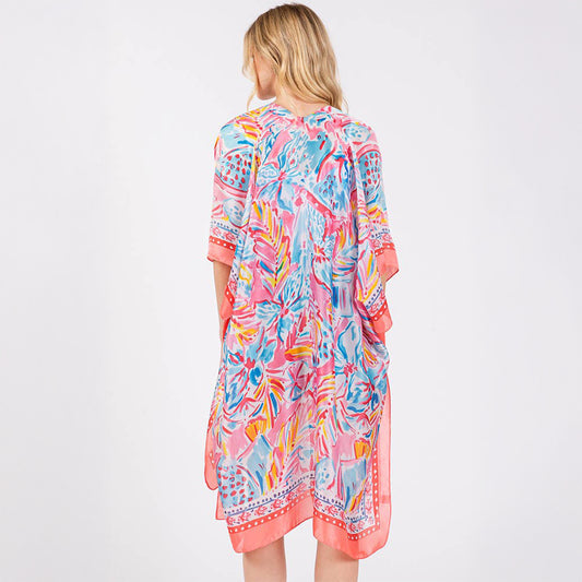 Coral Floral Flower Pattern Silky Feel Summer Kimono Coverup - SKRF