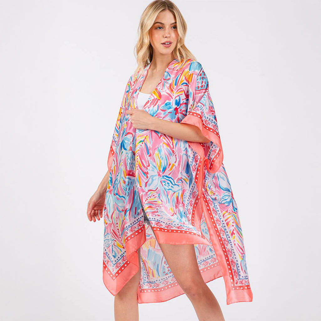 Coral Floral Flower Pattern Silky Feel Summer Kimono Coverup - SKRF