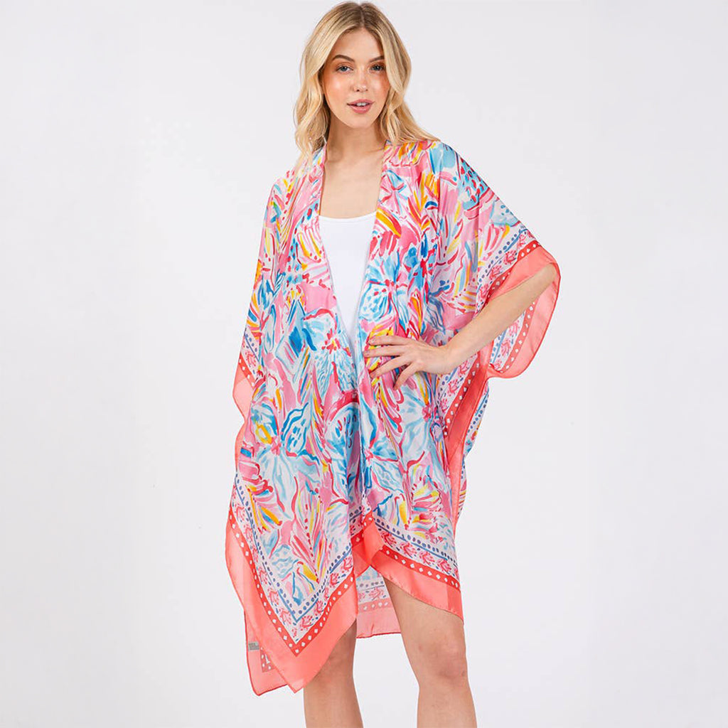 Coral Floral Flower Pattern Silky Feel Summer Kimono Coverup - SKRF