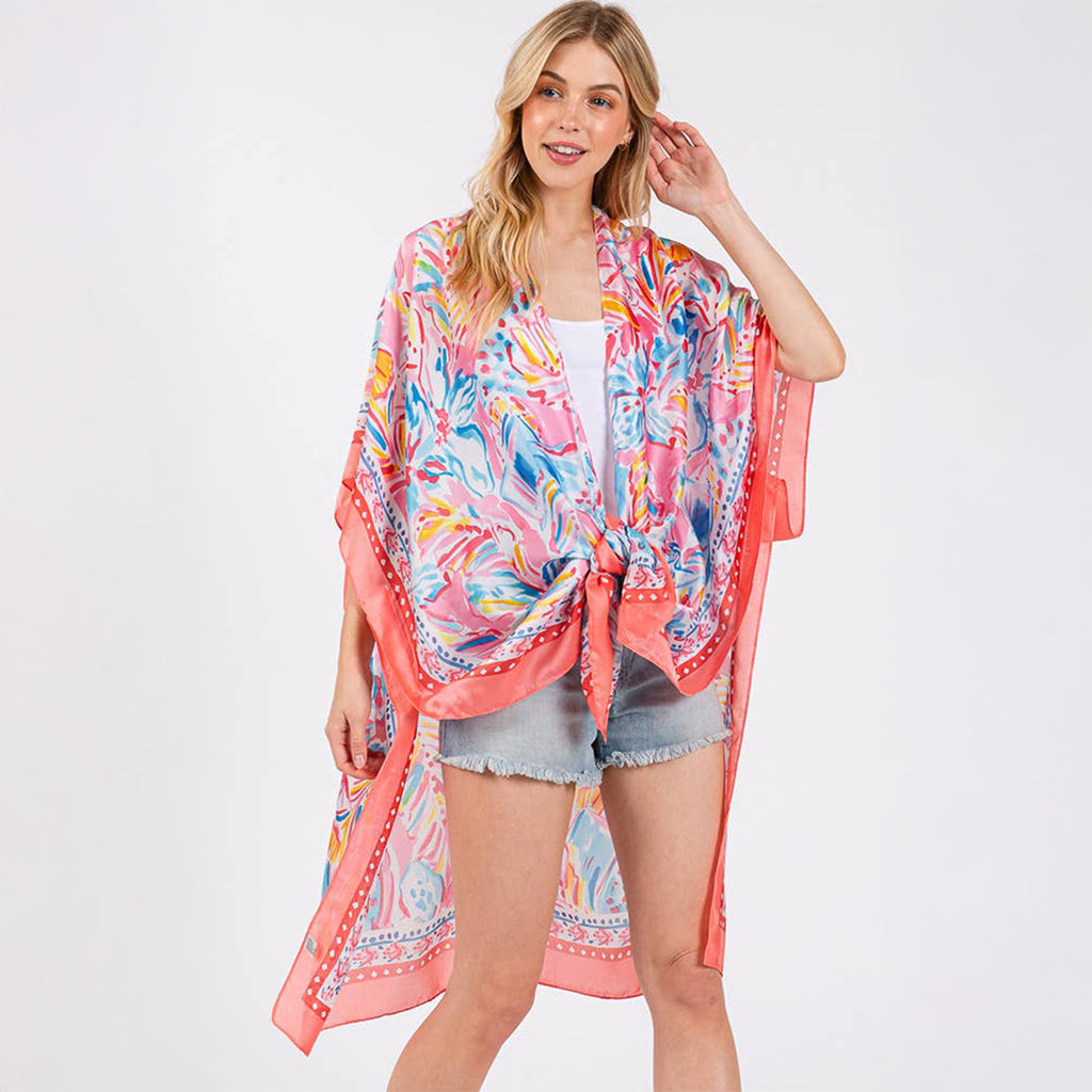Coral Floral Flower Pattern Silky Feel Summer Kimono Coverup - SKRF