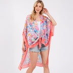 Coral Floral Flower Pattern Silky Feel Summer Kimono Coverup - SKRF