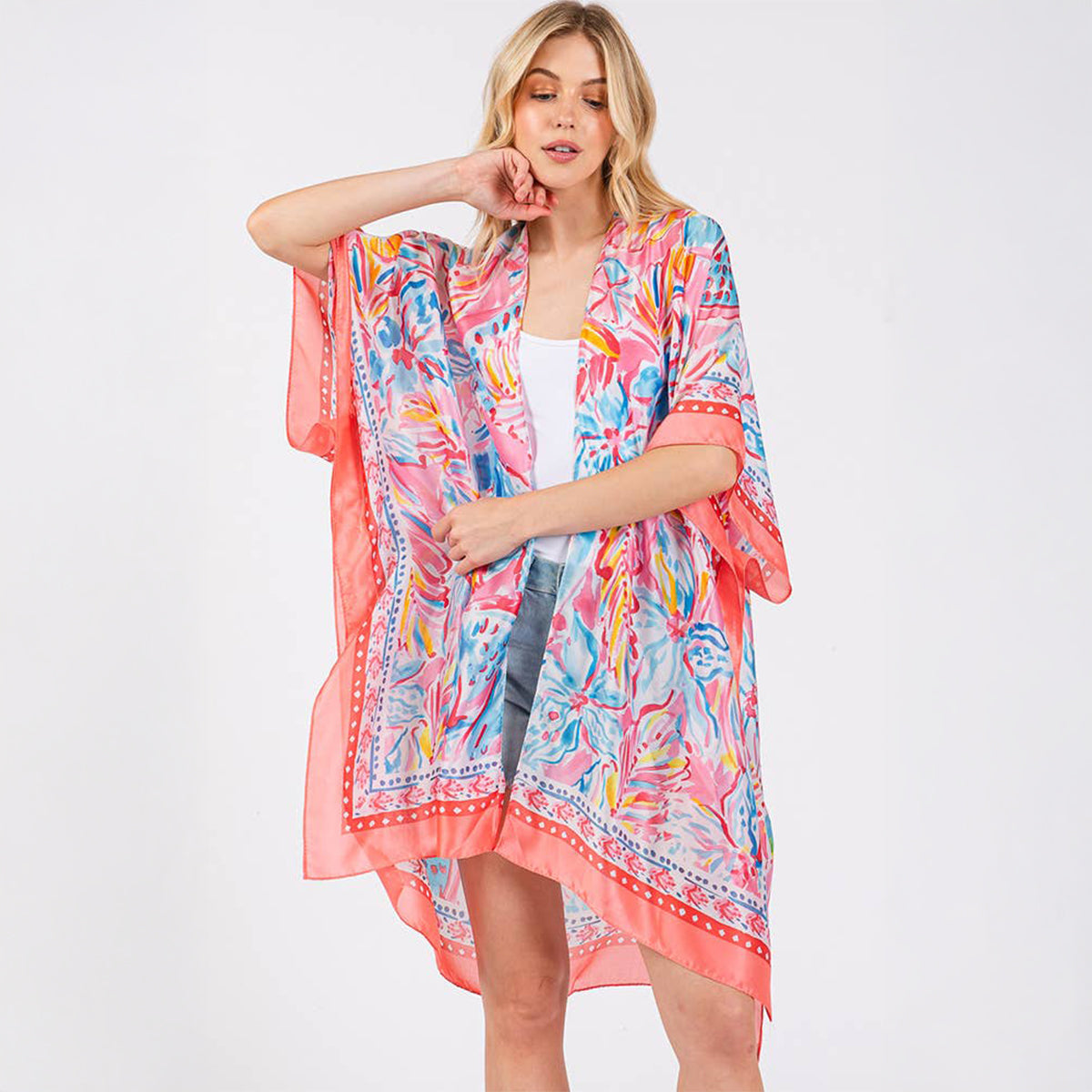 Coral Floral Flower Pattern Silky Feel Summer Kimono Coverup - SKRF