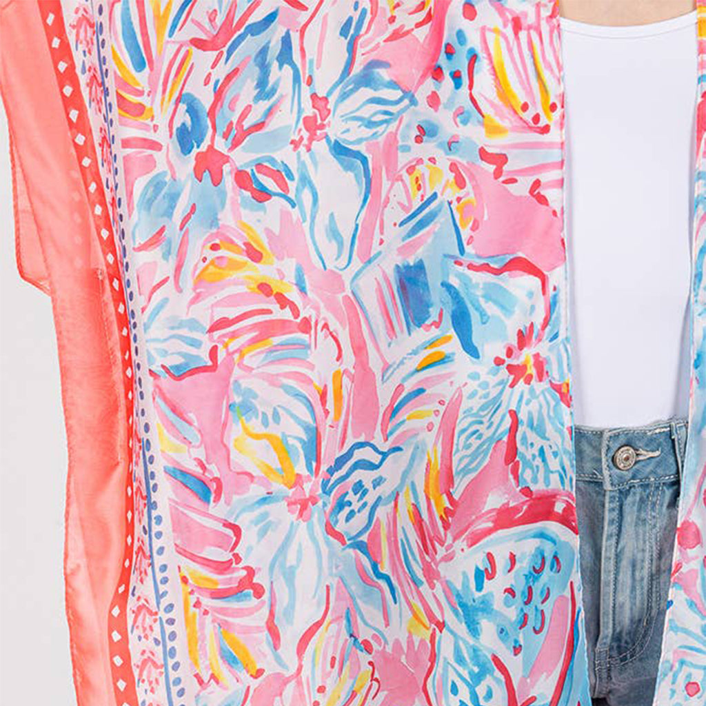 Coral Floral Flower Pattern Silky Feel Summer Kimono Coverup - SKRF