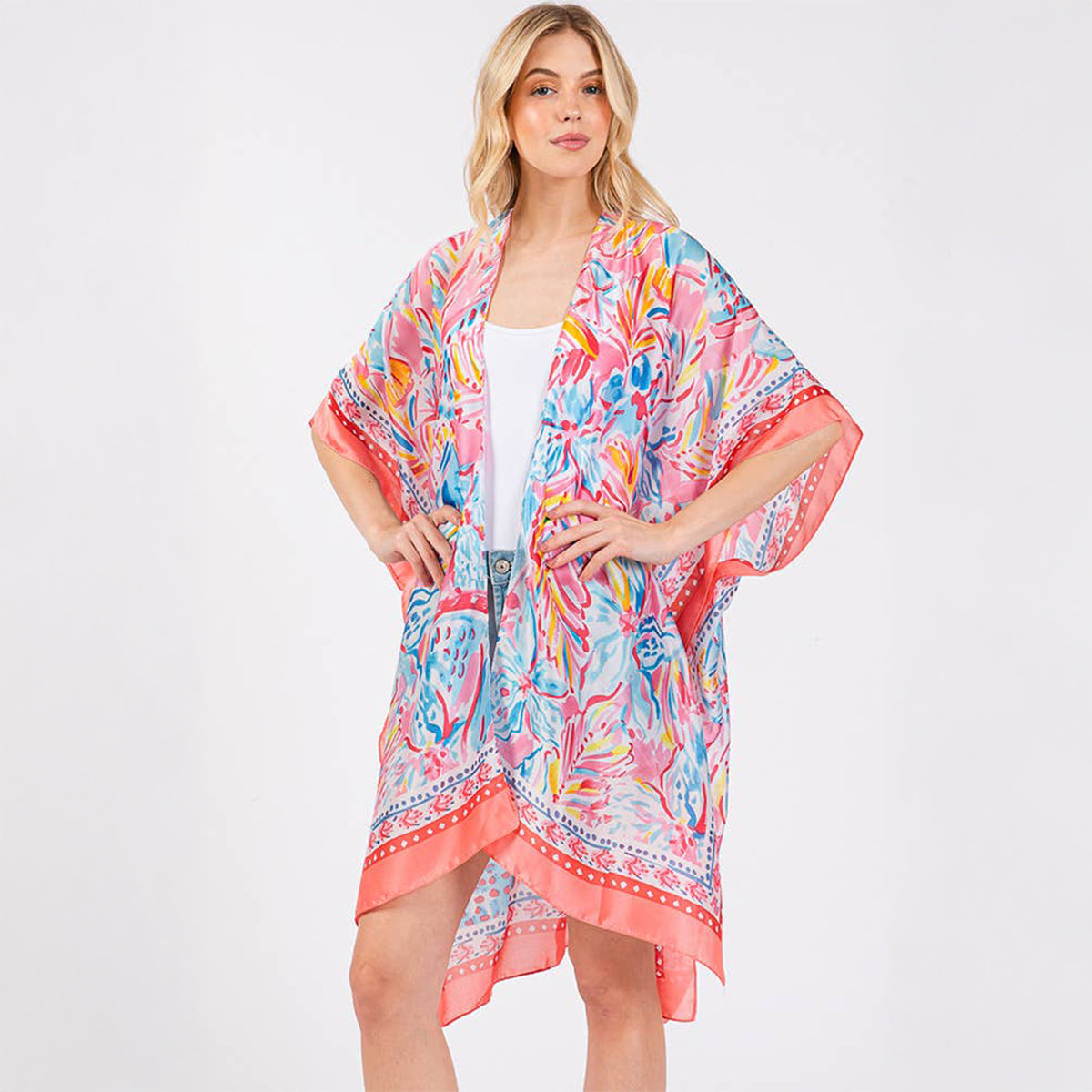Coral Floral Flower Pattern Silky Feel Summer Kimono Coverup - SKRF