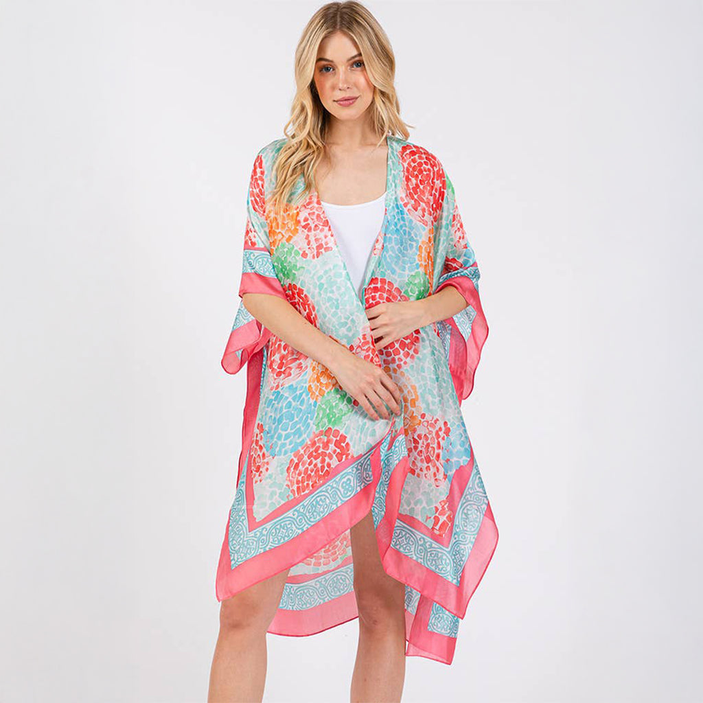 Coral Multicolour Abstract Circle Print Silky Feel Kimono Coverup - SKRF