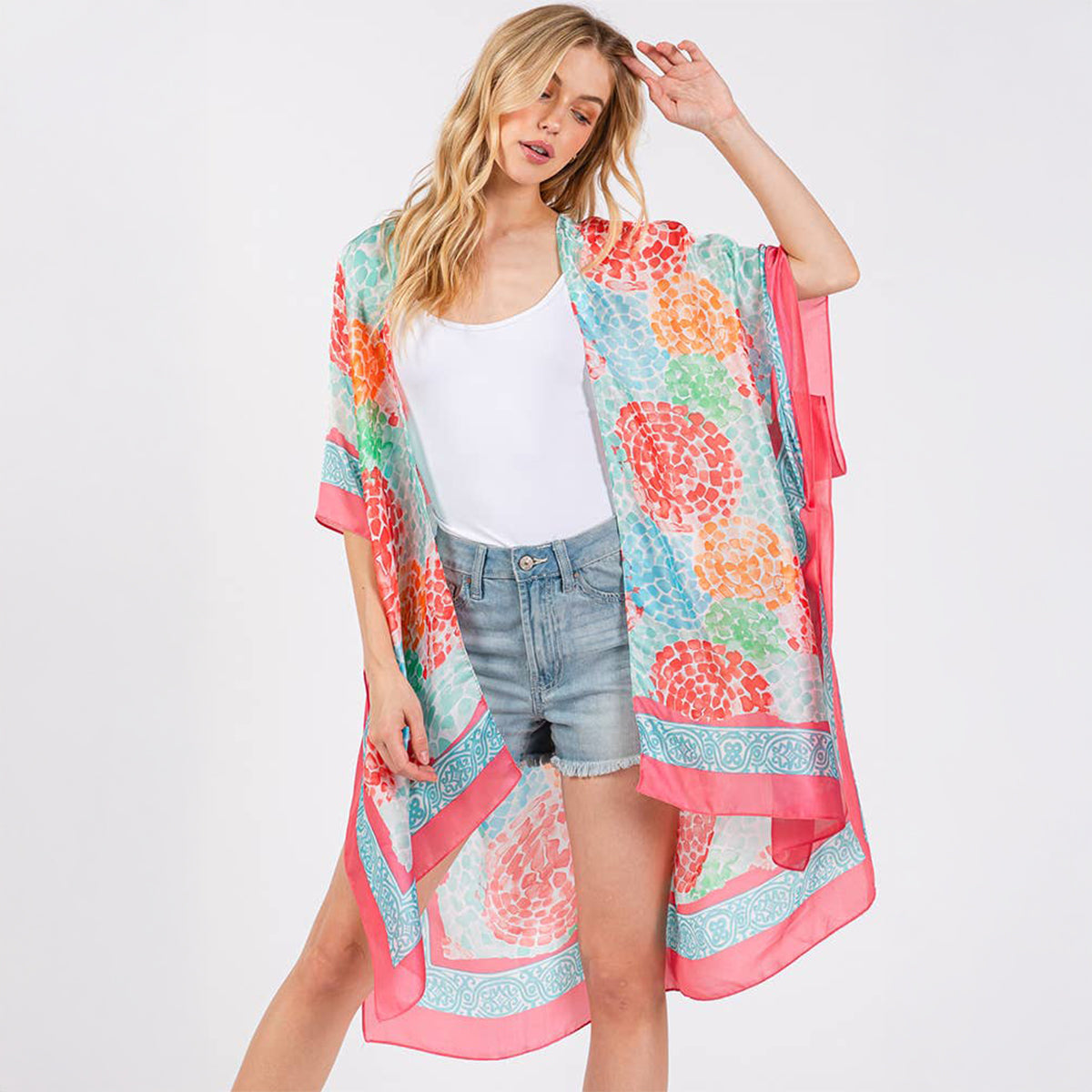 Coral Multicolour Abstract Circle Print Silky Feel Kimono Coverup - SKRF