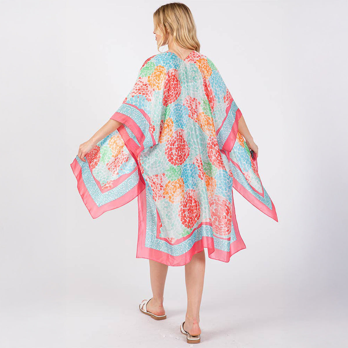 Coral Multicolour Abstract Circle Print Silky Feel Kimono Coverup - SKRF