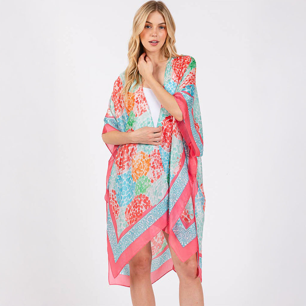 Coral Multicolour Abstract Circle Print Silky Feel Kimono Coverup - SKRF