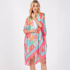 Coral Multicolour Abstract Circle Print Silky Feel Kimono Coverup - SKRF