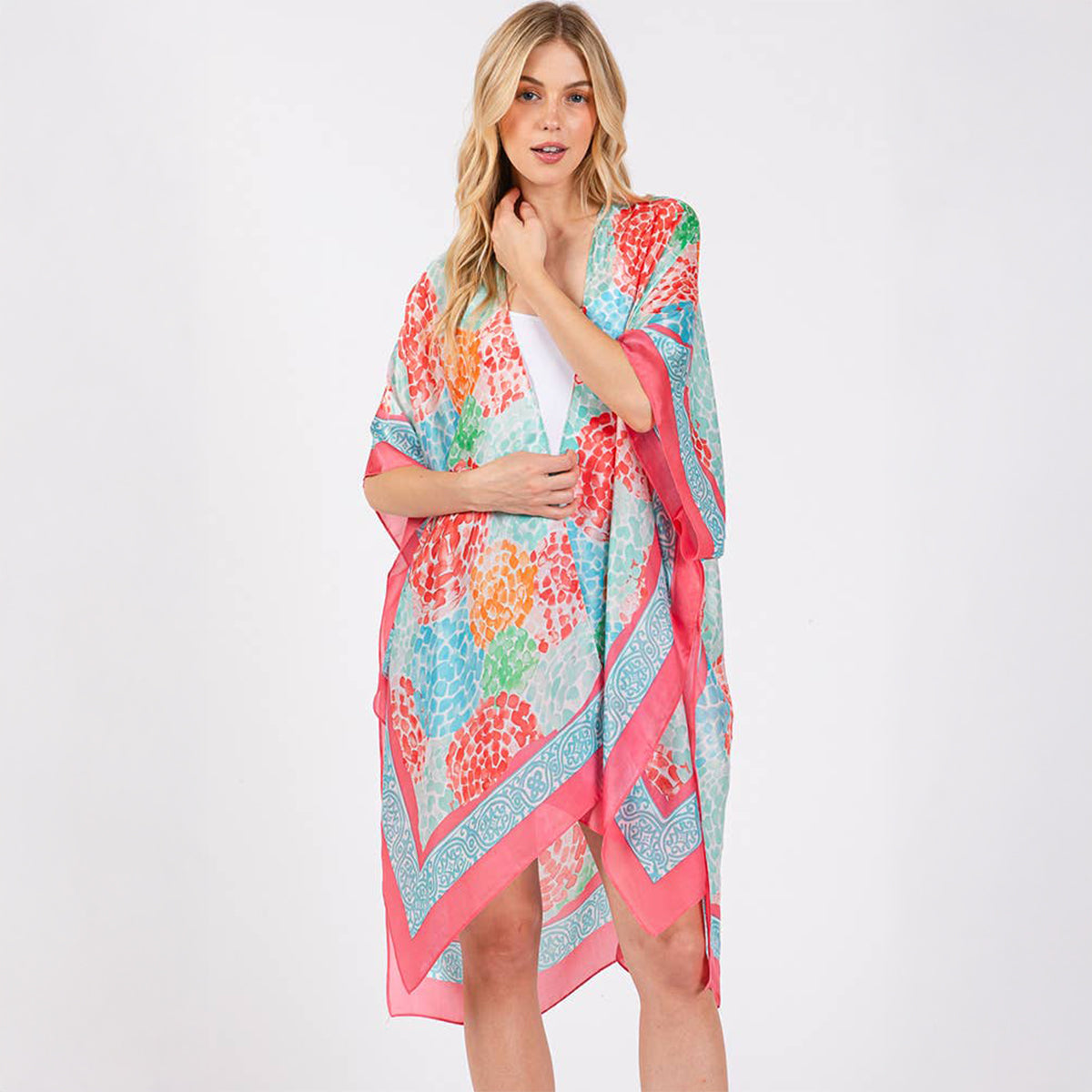 Coral Multicolour Abstract Circle Print Silky Feel Kimono Coverup - SKRF