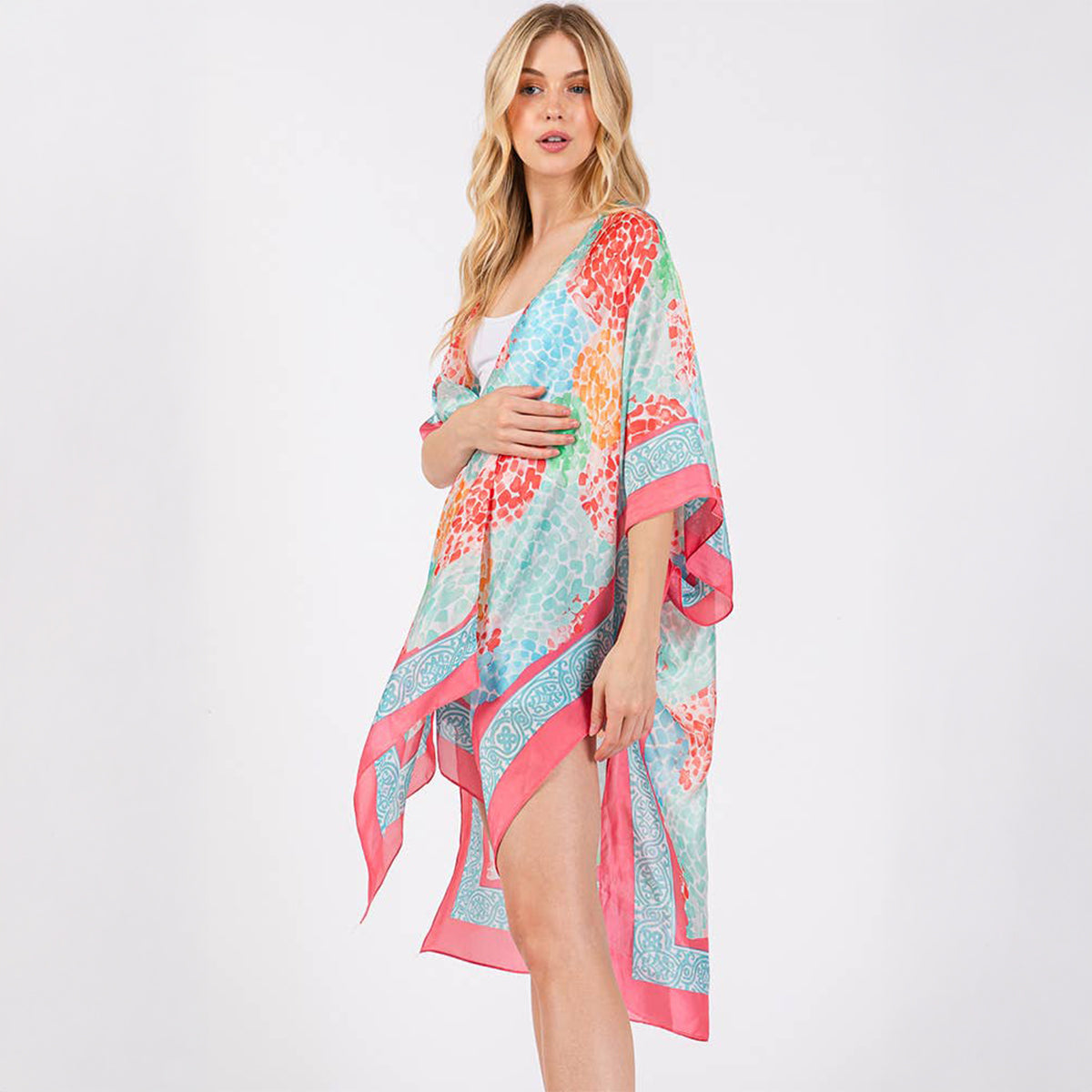 Coral Multicolour Abstract Circle Print Silky Feel Kimono Coverup - SKRF