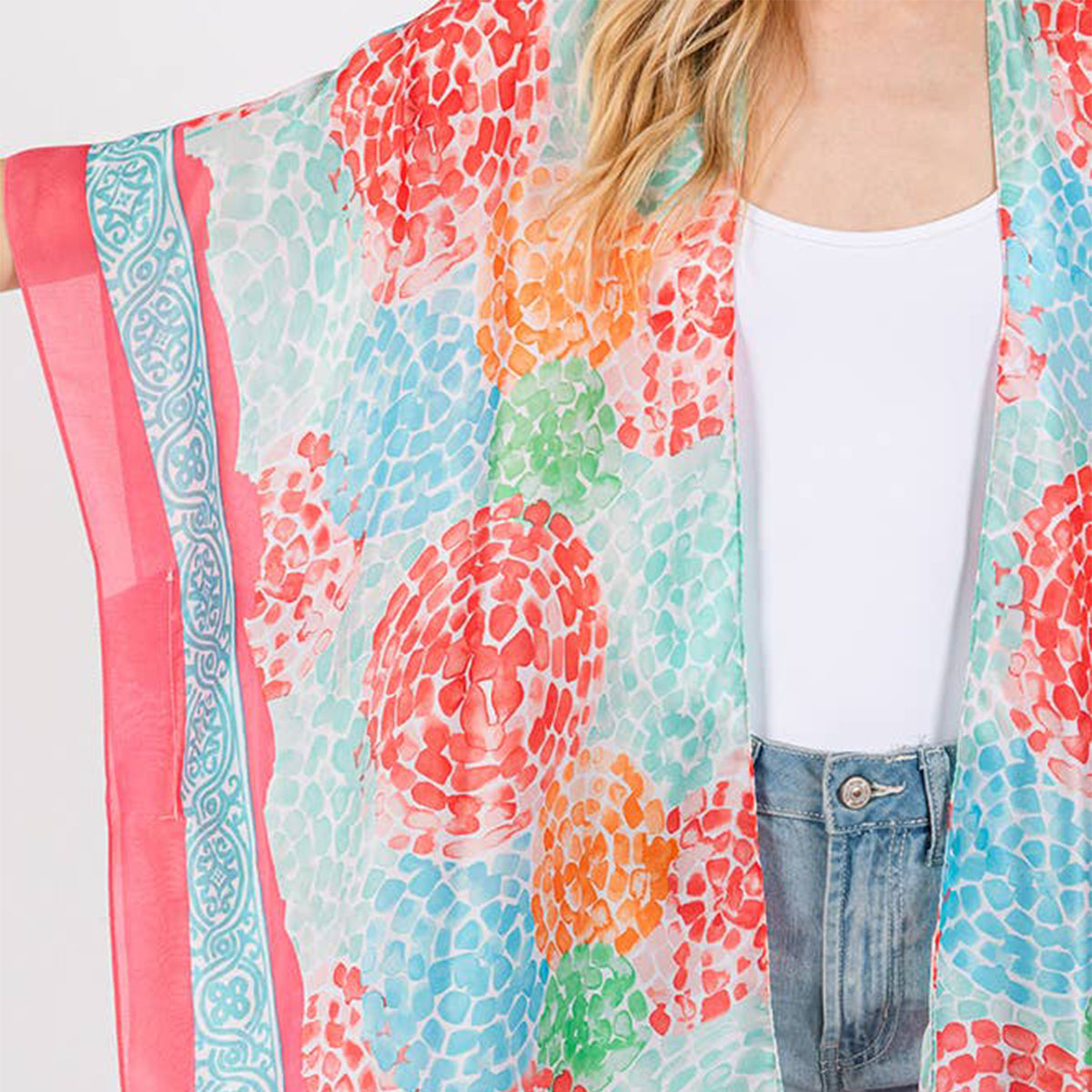 Coral Multicolour Abstract Circle Print Silky Feel Kimono Coverup - SKRF
