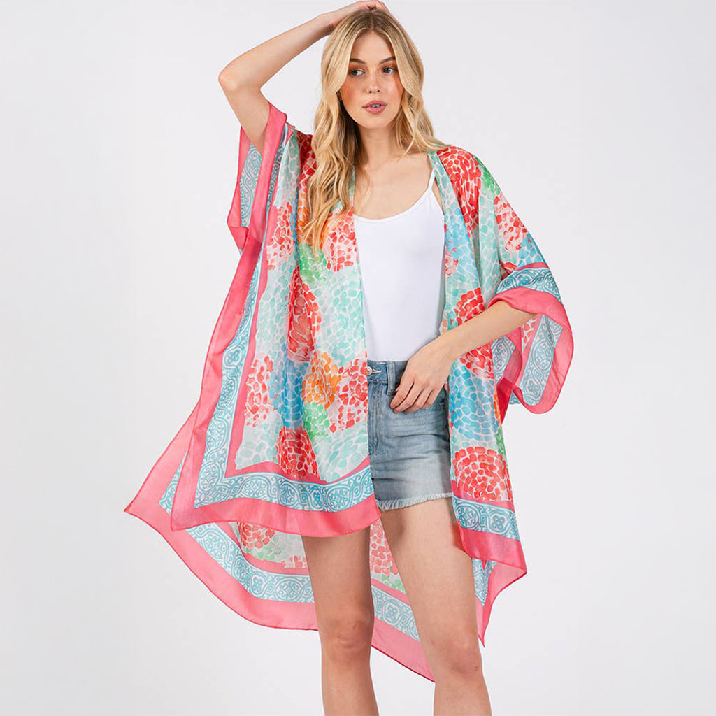 Coral Multicolour Abstract Circle Print Silky Feel Kimono Coverup - SKRF